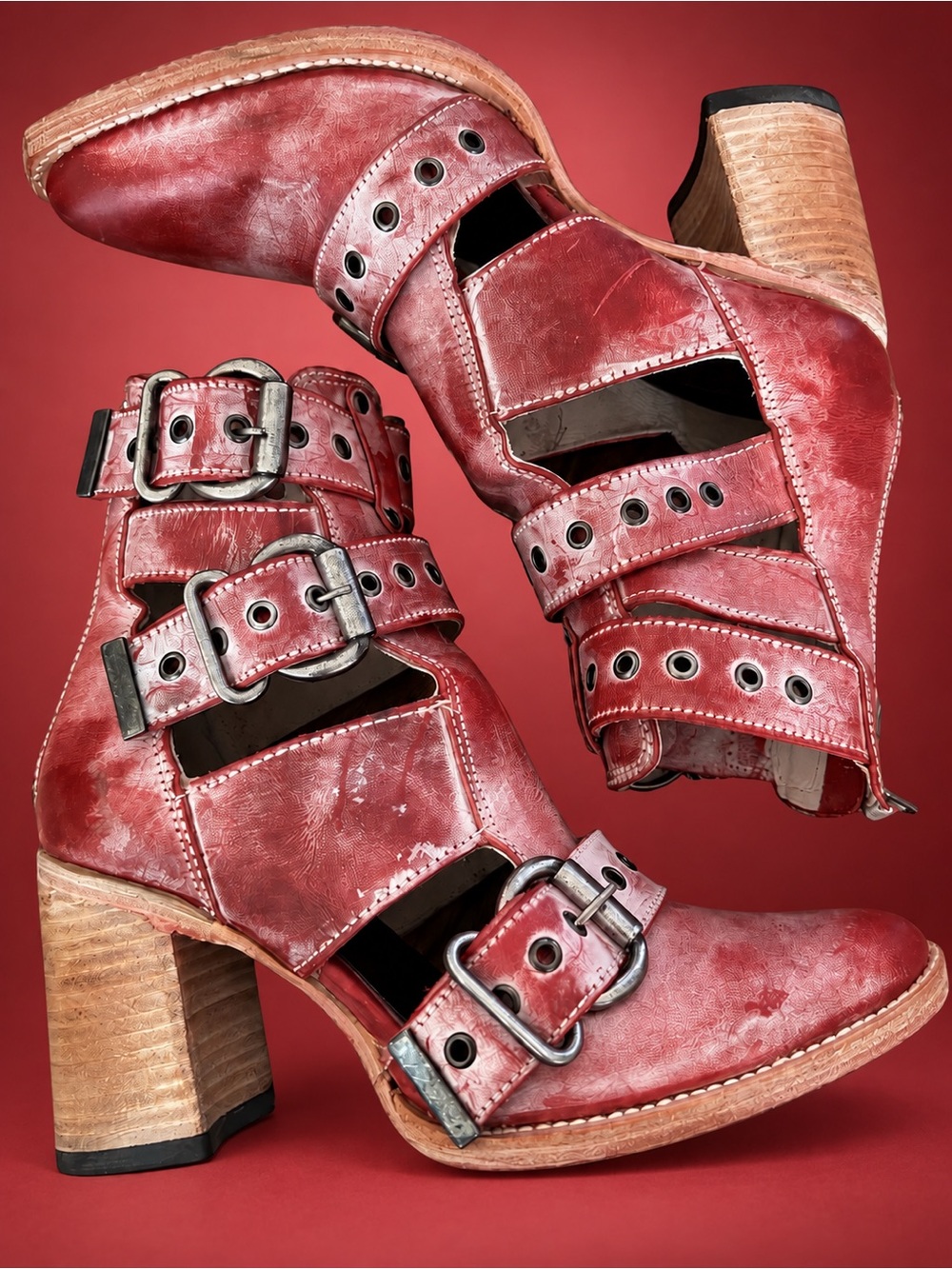 Freebird Joplin Red Distressed Leather Buckle Boots Size 9 BNIB $395